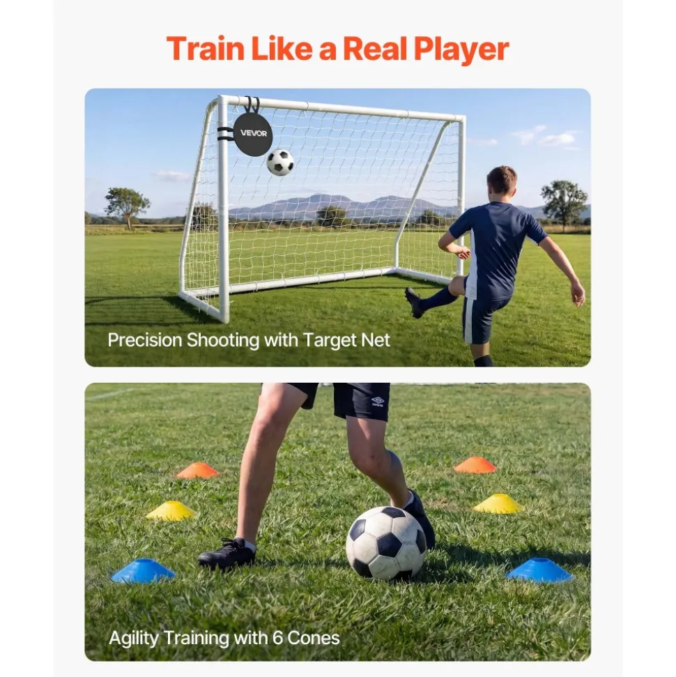 VEVOR Soccer Goal 10 x 6.5 FT PVC Soccer Goal for Backyard with PE Net, Portable & Weatherproof Set, with High-Strength PE Net, Target, Cones, for Kids & Adults Outdoor Backyard Practice Training