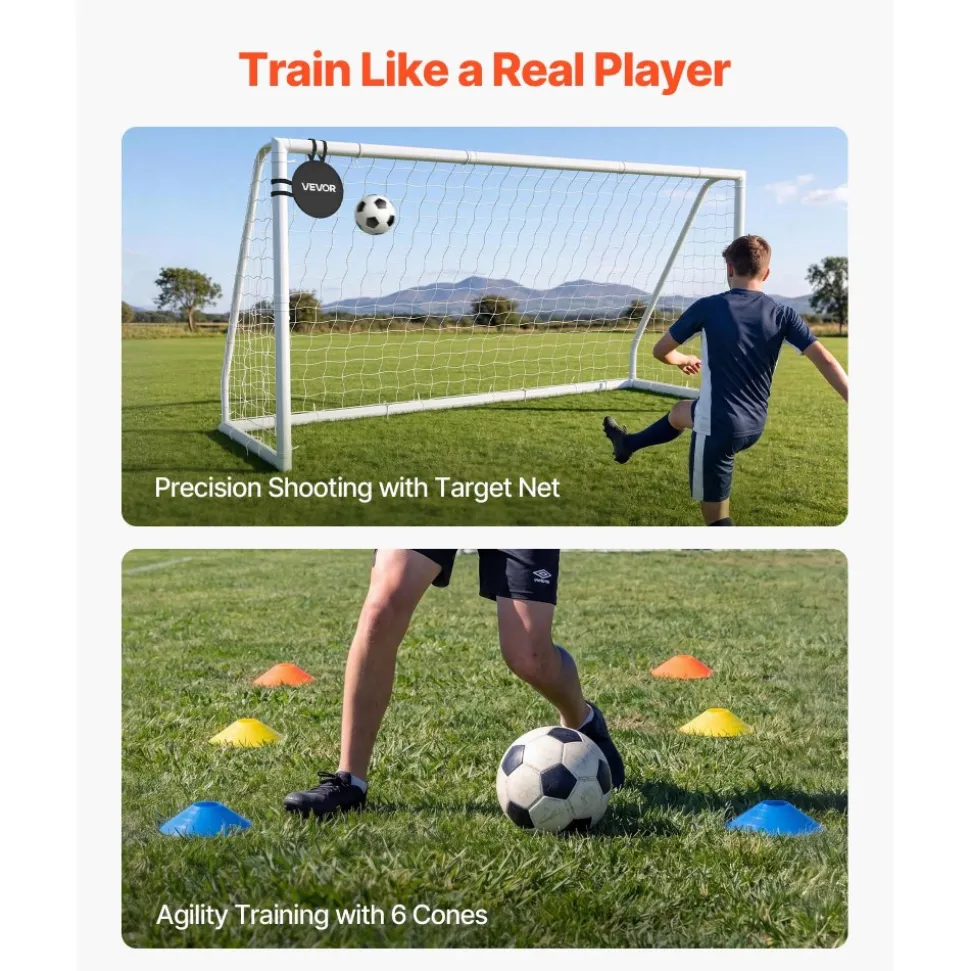 VEVOR Soccer Goal 12 x 6 FT PVC Soccer Goal for Backyard with PE Net, Portable & Weatherproof, with High-Strength Net, Target, Ground Stake, Cones, for Kids & Adults Outdoor Backyard Practice Training