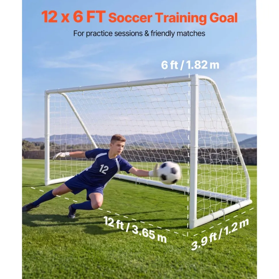 VEVOR Soccer Goal 12 x 6 FT PVC Soccer Goal for Backyard with PE Net, Portable & Weatherproof, with High-Strength Net, Target, Ground Stake, Cones, for Kids & Adults Outdoor Backyard Practice Training