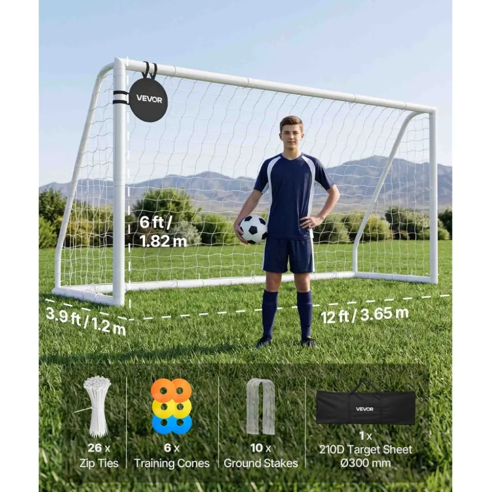 VEVOR Soccer Goal 12 x 6 FT PVC Soccer Goal for Backyard with PE Net, Portable & Weatherproof, with High-Strength Net, Target, Ground Stake, Cones, for Kids & Adults Outdoor Backyard Practice Training