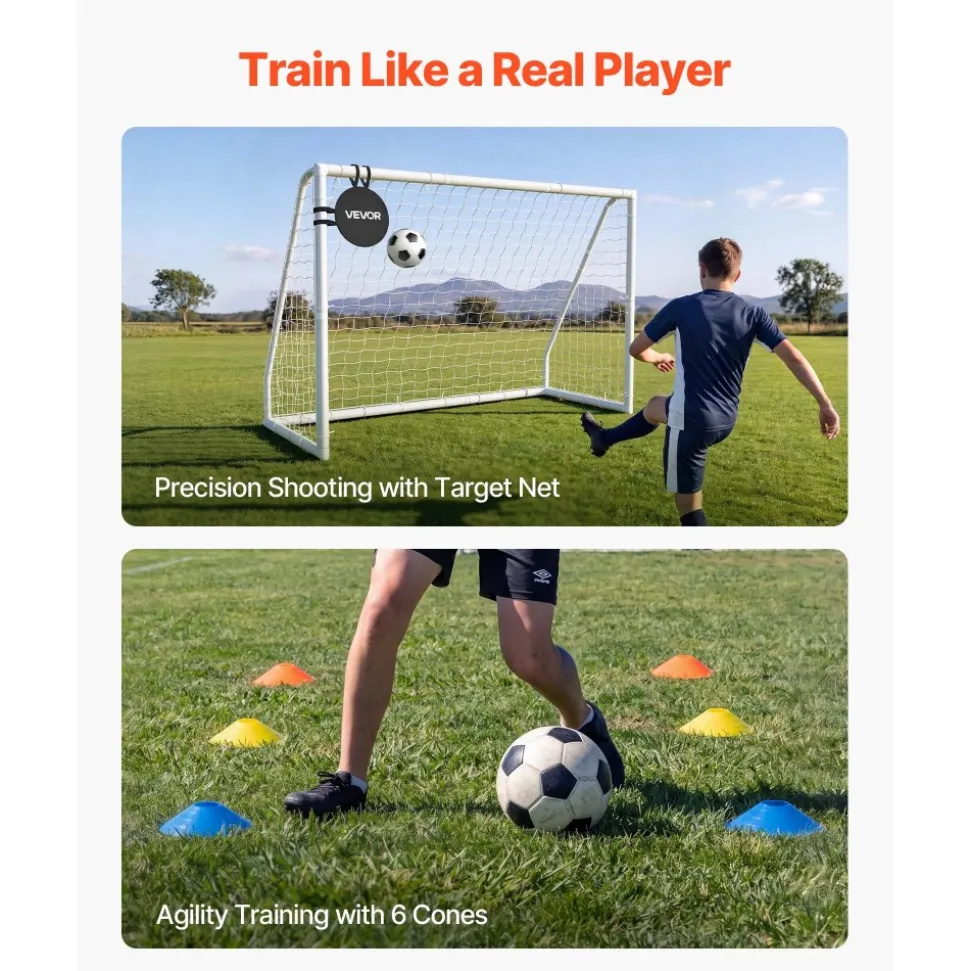 VEVOR Soccer Goal 8 x 6 FT PVC Soccer Goal for Backyard with PE Net, Portable Weatherproof Set, with High-Strength PE Net, Target, Cones, for Youth Kids & Adults Outdoor Backyard Practice Training