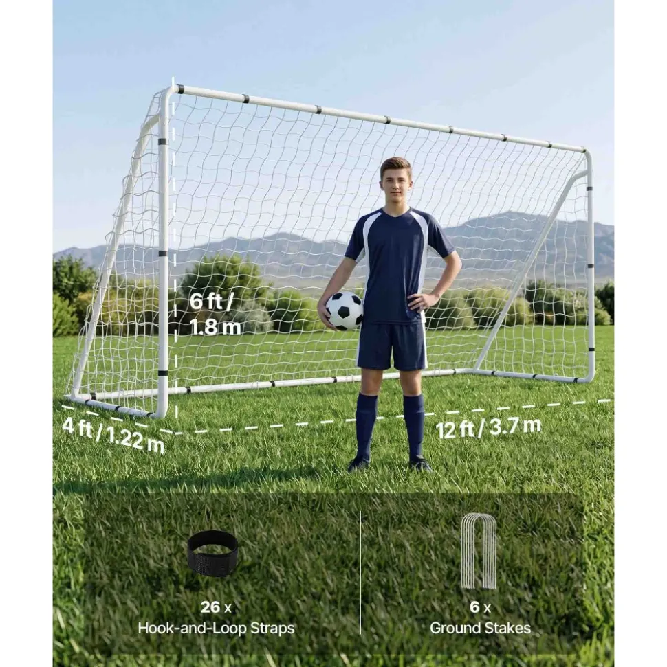 VEVOR Soccer Goal 12 x 6 FT Soccer Goal for Backyard with Iron Frame PE Net, Portable & Durable Set, High-Strength Net, Ground Stakes, Straps, for Youth & Adults Outdoor Backyard Practice Training