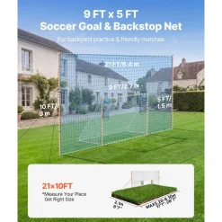 VEVOR Soccer Goal 9 x 5 FT Soccer Goal for Backyard with Iron Frame PE Net, Durable Backstop, Target Net, Ground Stakes, Ropes, for Youth & Adults, Outdoor Sports, Backyard Practice Training Games