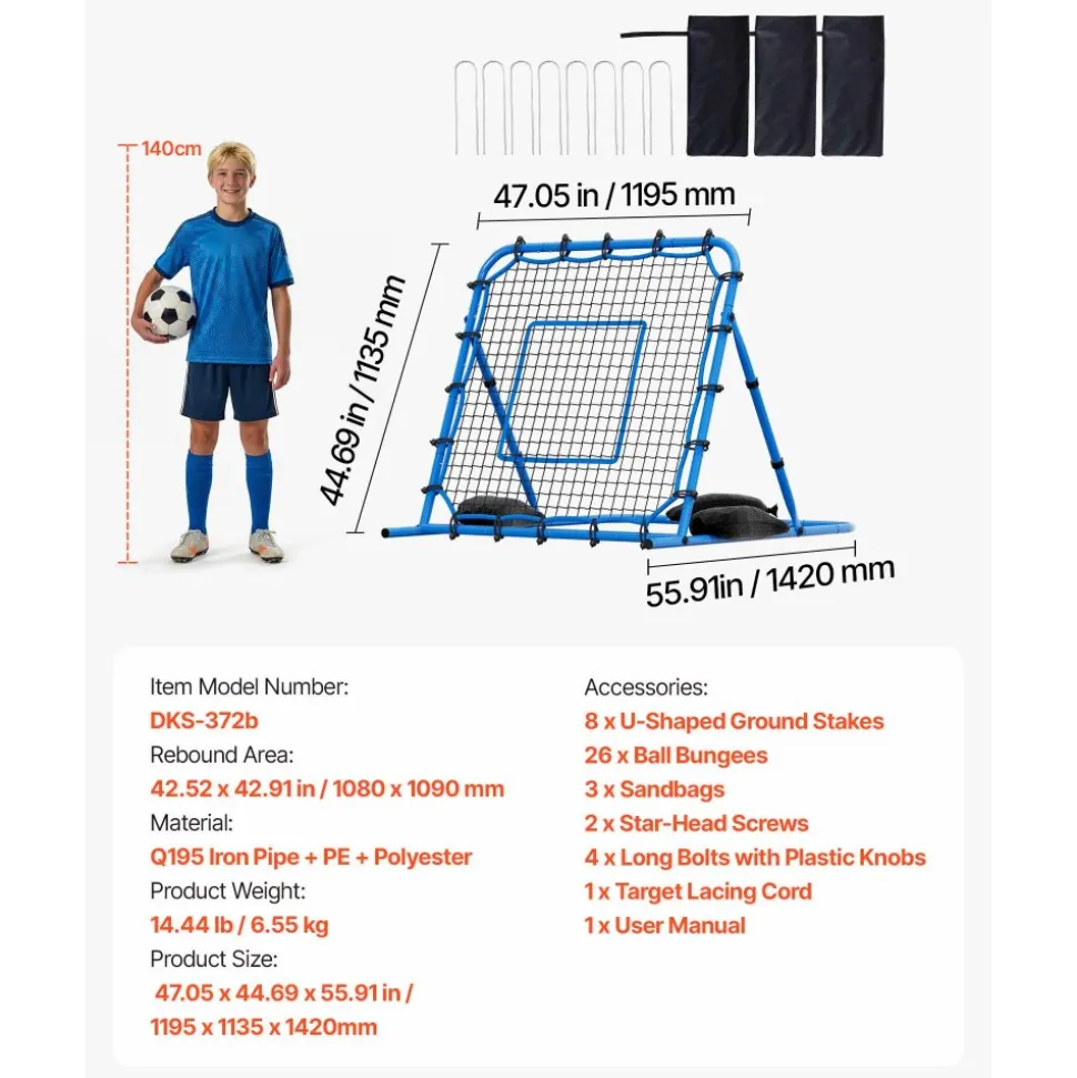 VEVOR Soccer Rebounder Net, Quick-Switch Angle Soccer Goal Rebounder for Control, Passing Practice, Heavy-Duty Iron Frame & PE Net, Easy Setup Ball Training Equipment for Teens&Adults,3.7 x 3.7 ft