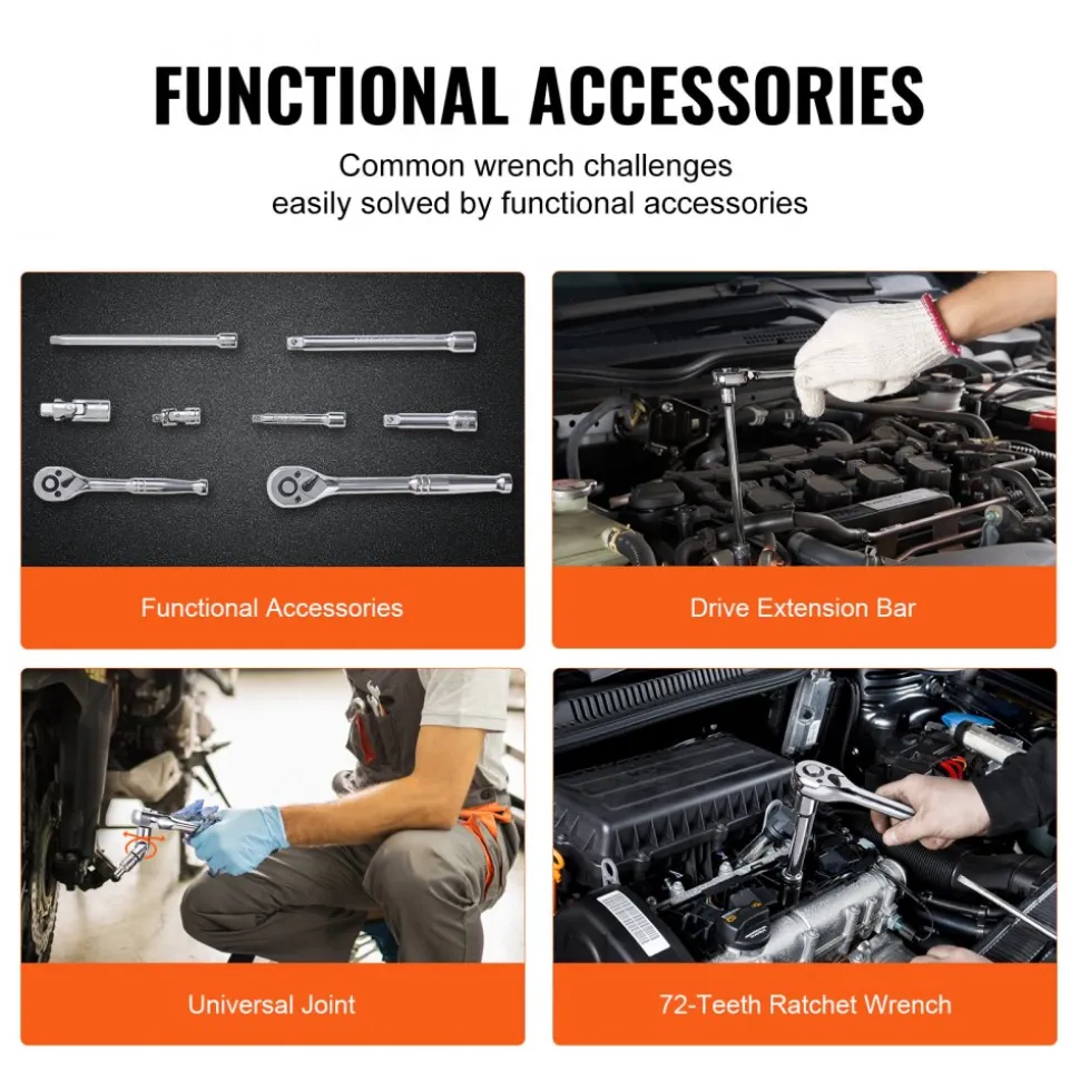VEVOR Socket Set, 1/4" and 3/8" Drive Socket and Ratchet Set, 6-Point Socket Opening, 106 Pcs Tool Set SAE and Metric, Deep and Standard Sockets, 5/32-1 in, 5-19 mm, with Accessories, Storage Case