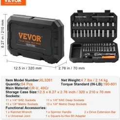 VEVOR Socket Set, 1/4 Inch Drive Socket and Ratchet Set, 6-Point Socket Opening, 54 Pieces Tool Set SAE and Metric, Deep and Standard Sockets, 5/32-9/16 in, 4-14 mm, with Accessories, Storage Case