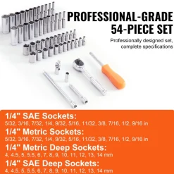 VEVOR Socket Set, 1/4 Inch Drive Socket and Ratchet Set, 6-Point Socket Opening, 54 Pieces Tool Set SAE and Metric, Deep and Standard Sockets, 5/32-9/16 in, 4-14 mm, with Accessories, Storage Case