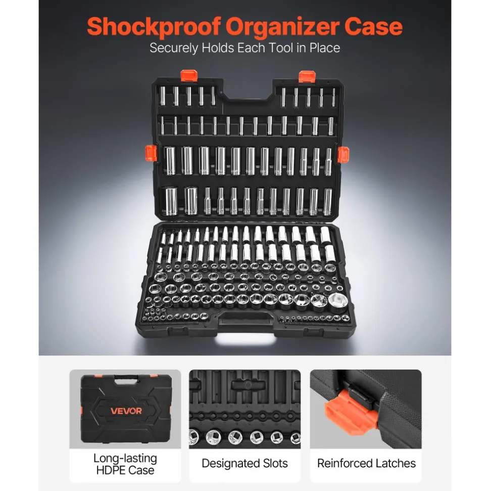 VEVOR Socket Set, 163 Pieces, 3/8 & 1/4 & 1/2 inch Drive Socket Tool Set, SAE and Metric, Deep and Standard, Mechanic Tool Kit with Storage Case, Chrome Plated CR-V Alloy Steel, for Automotive Repair