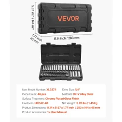 VEVOR Socket Set, 46 Pieces, 1/4 inch Drive Socket Tool Set, SAE and Metric Size, Deep and Standard, Mechanic Tool Kit with Storage Case, Chrome Plated CR-V Alloy Steel, for Automotive Repair