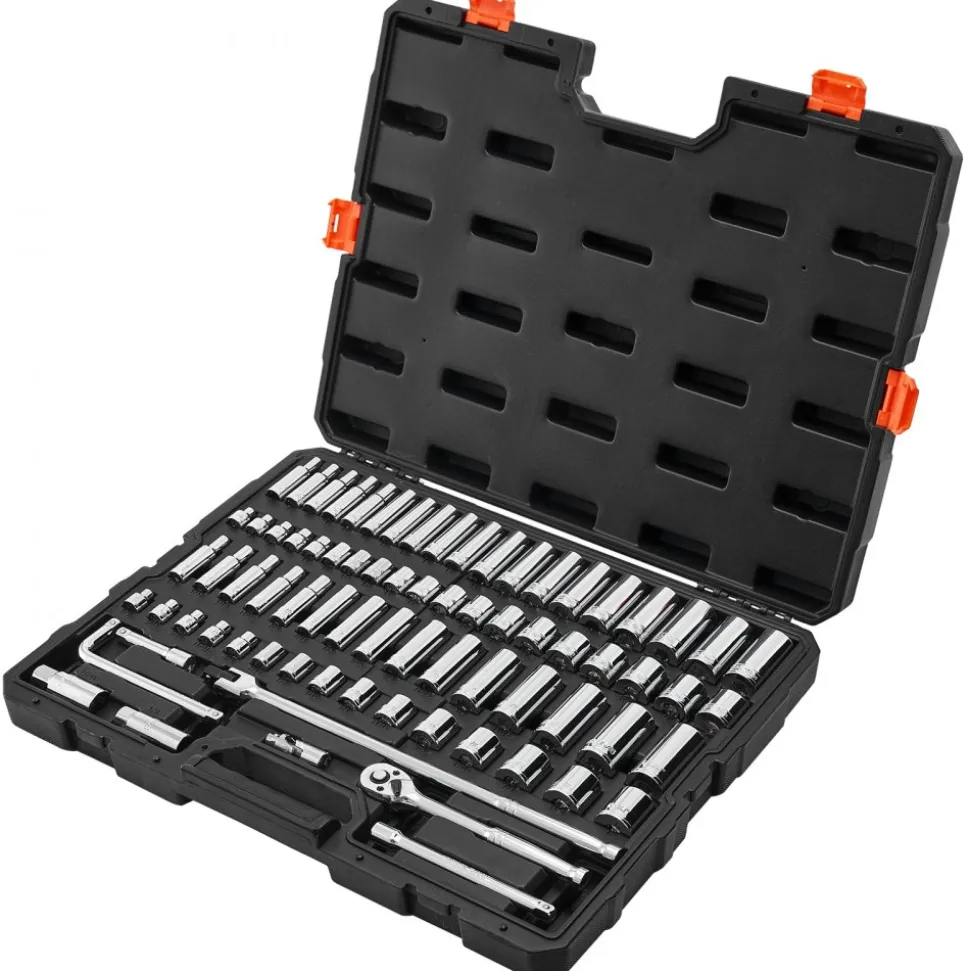 VEVOR Socket Set, 76 Pieces, 3/8 inch Drive Socket and Ratchet Set, SAE and Metric, Deep and Shallow, Mechanic Tool Kit with Accessories and Storage Case, CR-V Alloy Steel, for Automotive Repair