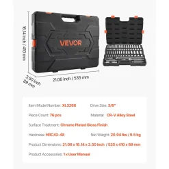 VEVOR Socket Set, 76 Pieces, 3/8 inch Drive Socket and Ratchet Set, SAE and Metric, Deep and Shallow, Mechanic Tool Kit with Accessories and Storage Case, CR-V Alloy Steel, for Automotive Repair