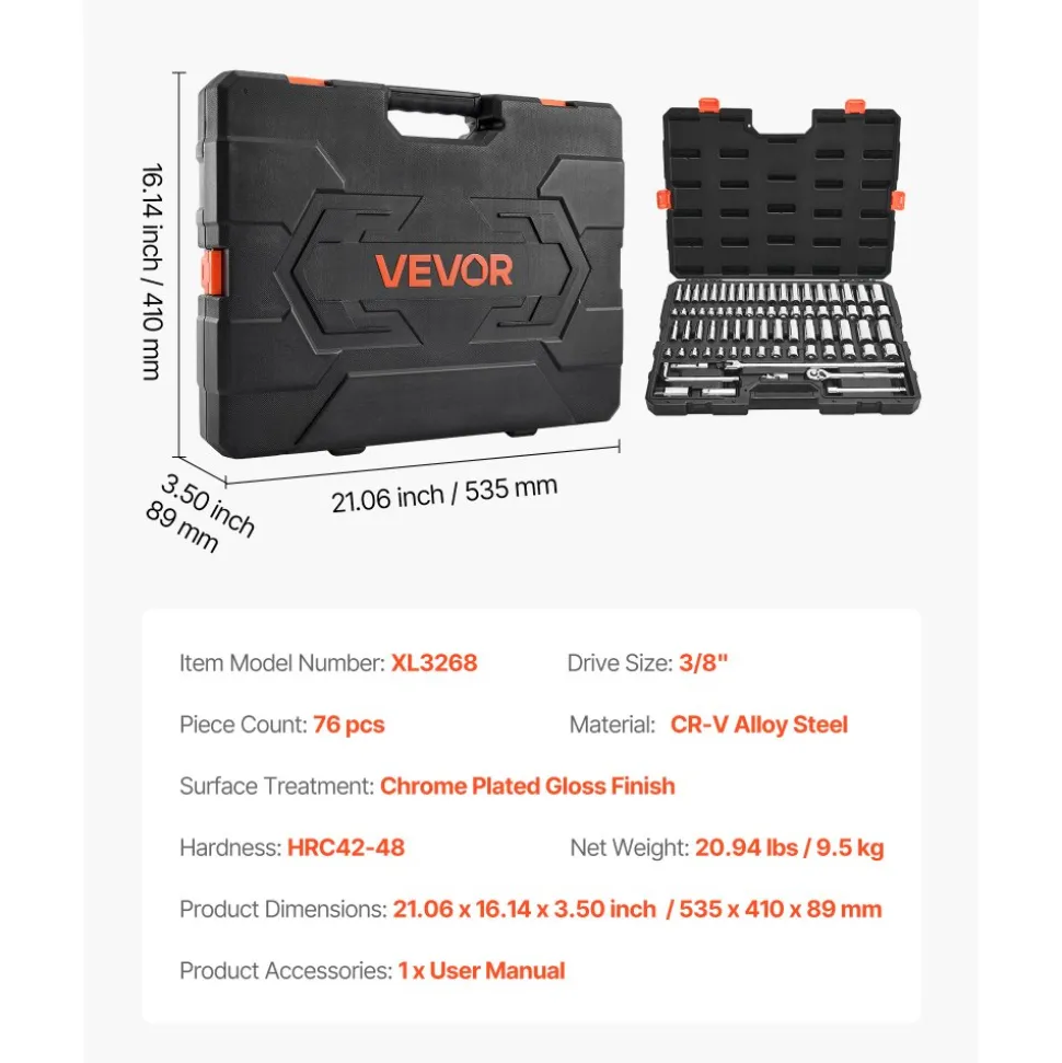 VEVOR Socket Set, 76 Pieces, 3/8 inch Drive Socket and Ratchet Set, SAE and Metric, Deep and Shallow, Mechanic Tool Kit with Accessories and Storage Case, CR-V Alloy Steel, for Automotive Repair
