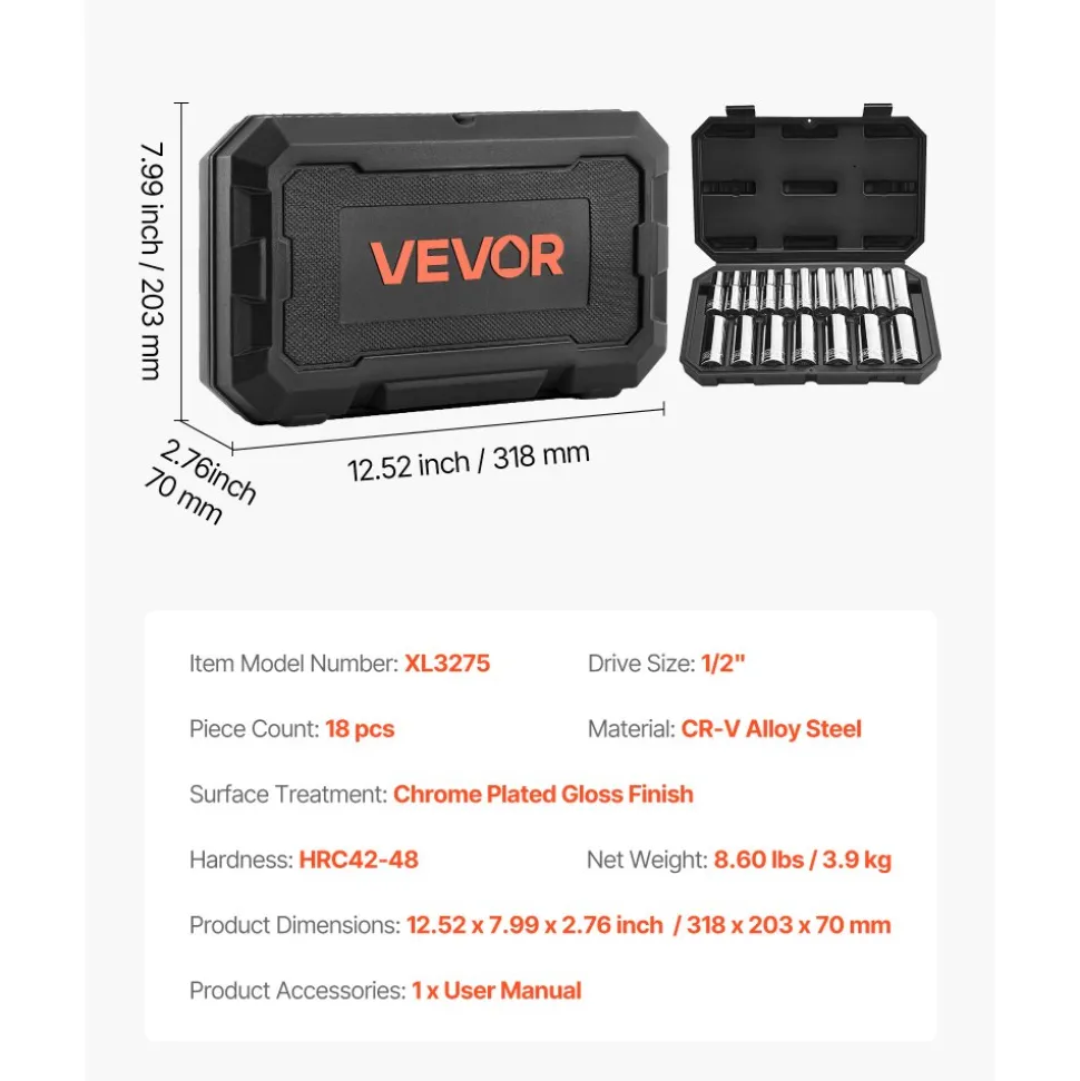VEVOR Socket Set, 18 Pieces, 1/2 inch Drive Socket Tool Set, Metric Size from 10 to 27 mm, Mechanic Tool Kit with Storage Case, Clear Markings, Chrome Plated CR-V Alloy Steel, for Automotive Repair