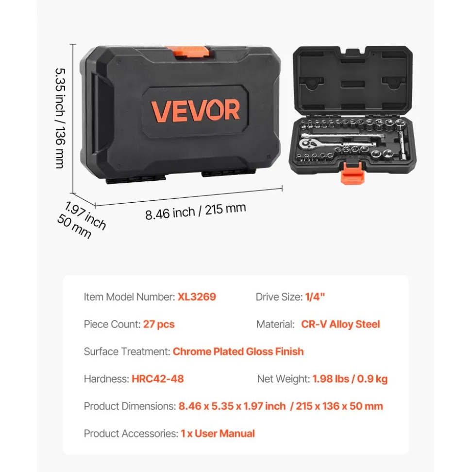VEVOR Socket Set, 27 Pieces, 1/4 inch Drive Socket and Ratchet Set, SAE and Metric, Mechanic Tool Kit with Ratchet Wrench, Extension Bar and Storage Case, CR-V Alloy Steel, for Automotive Repair