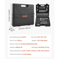 VEVOR Socket Set, 149 Pieces, 3/8 & 1/4 & 1/2 inch Drive Socket and Ratchet Set, SAE and Metric, Deep and Shallow, Mechanic Tool Kit with Bits, Accessories, Storage Case, CR-V Alloy Steel, for Repair