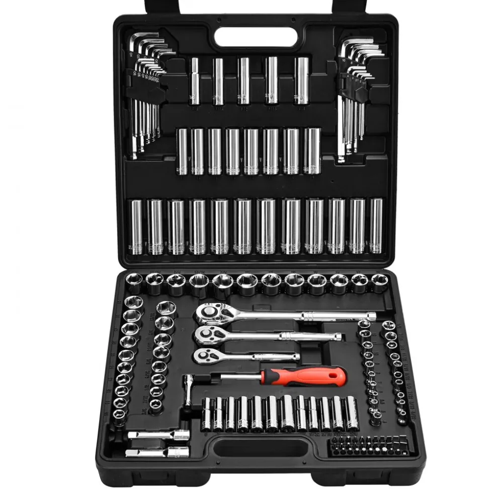 VEVOR Socket Set, 149 Pieces, 3/8 & 1/4 & 1/2 inch Drive Socket and Ratchet Set, SAE and Metric, Deep and Shallow, Mechanic Tool Kit with Bits, Accessories, Storage Case, CR-V Alloy Steel, for Repair