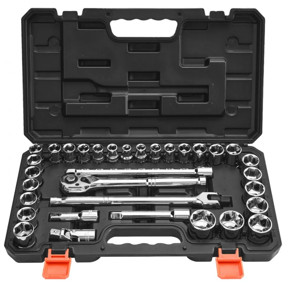 VEVOR Socket Set, 33 Pieces, 1/2 inch Drive Socket and Ratchet Set, SAE and Metric, Mechanic Tool Kit with Ratchet Wrench, Extension Bar and Storage Case, CR-V Alloy Steel, for Automotive Repair