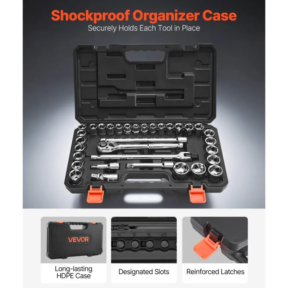 VEVOR Socket Set, 33 Pieces, 1/2 inch Drive Socket and Ratchet Set, SAE and Metric, Mechanic Tool Kit with Ratchet Wrench, Extension Bar and Storage Case, CR-V Alloy Steel, for Automotive Repair