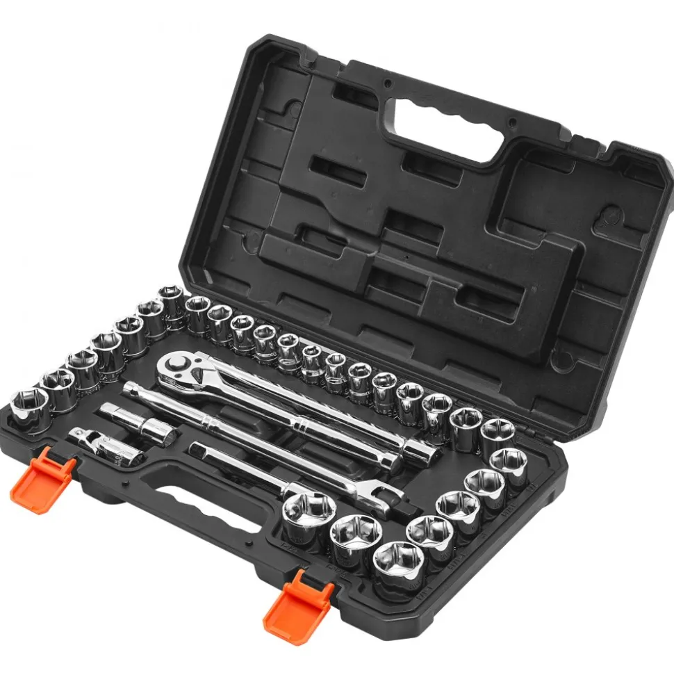 VEVOR Socket Set, 33 Pieces, 1/2 inch Drive Socket and Ratchet Set, SAE and Metric, Mechanic Tool Kit with Ratchet Wrench, Extension Bar and Storage Case, CR-V Alloy Steel, for Automotive Repair