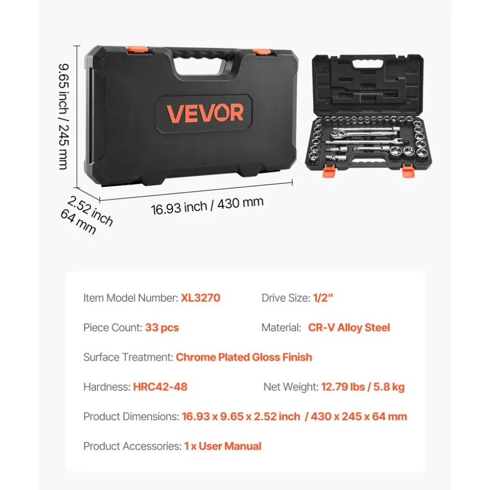 VEVOR Socket Set, 33 Pieces, 1/2 inch Drive Socket and Ratchet Set, SAE and Metric, Mechanic Tool Kit with Ratchet Wrench, Extension Bar and Storage Case, CR-V Alloy Steel, for Automotive Repair