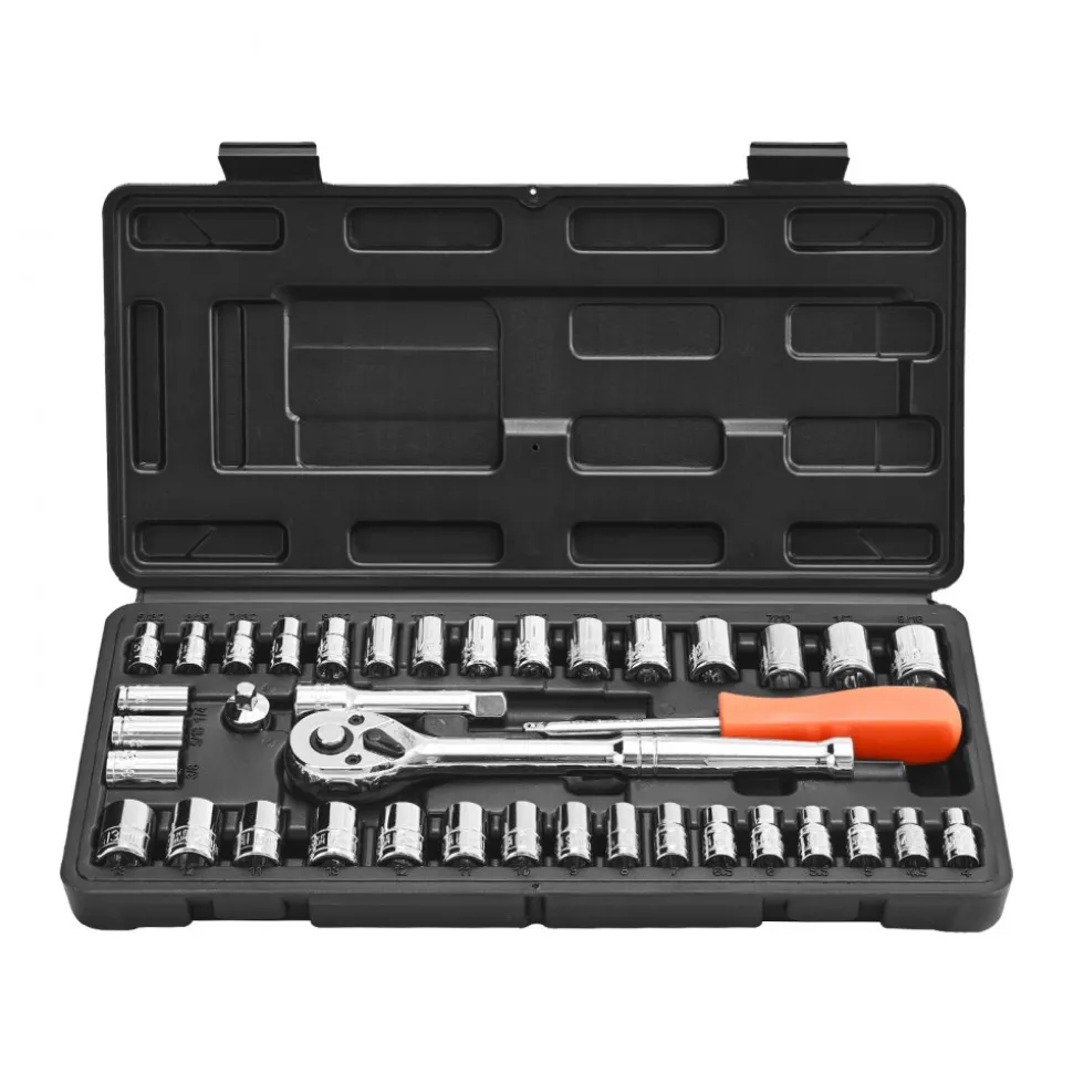 VEVOR Socket Set, 39 Pieces, 3/8 & 1/4 inch Drive Socket and Ratchet Set, SAE and Metric Size, Mechanic Tool Kit with Ratchet Wrench, Accessories, Storage Case, CR-V Alloy Steel, for Automotive Repair