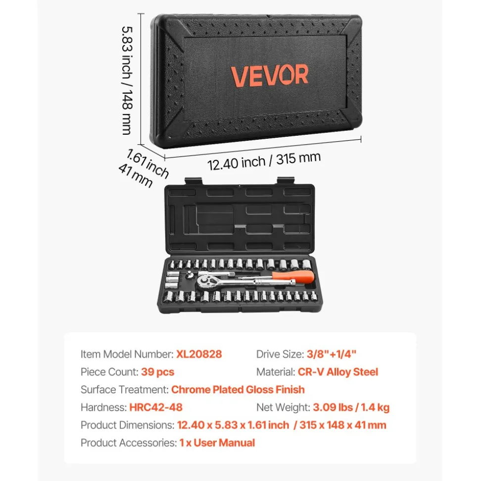 VEVOR Socket Set, 39 Pieces, 3/8 & 1/4 inch Drive Socket and Ratchet Set, SAE and Metric Size, Mechanic Tool Kit with Ratchet Wrench, Accessories, Storage Case, CR-V Alloy Steel, for Automotive Repair