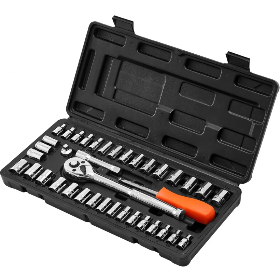 VEVOR Socket Set, 39 Pieces, 3/8 & 1/4 inch Drive Socket and Ratchet Set, SAE and Metric Size, Mechanic Tool Kit with Ratchet Wrench, Accessories, Storage Case, CR-V Alloy Steel, for Automotive Repair