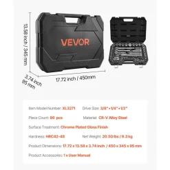 VEVOR Socket Set, 86 Pieces, 3/8 & 1/4 & 1/2 inch Drive Socket and Ratchet Set, SAE and Metric, Mechanic Tool Kit with Ratchet Wrench, Accessories and Storage Case, CR-V Alloy Steel, for Auto Repair