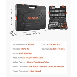 VEVOR Socket Set, 225 Pieces, 3/8 & 1/4 & 1/2 inch Drive Socket and Ratchet Set, SAE and Metric, Deep and Shallow, Mechanic Tool Kit with Bits, Accessories, Storage Case, CR-V Alloy Steel, for Repair