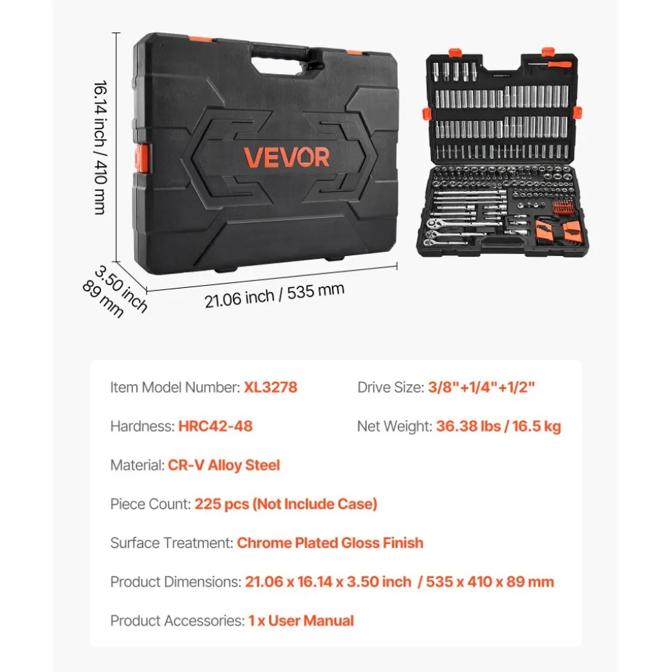 VEVOR Socket Set, 225 Pieces, 3/8 & 1/4 & 1/2 inch Drive Socket and Ratchet Set, SAE and Metric, Deep and Shallow, Mechanic Tool Kit with Bits, Accessories, Storage Case, CR-V Alloy Steel, for Repair