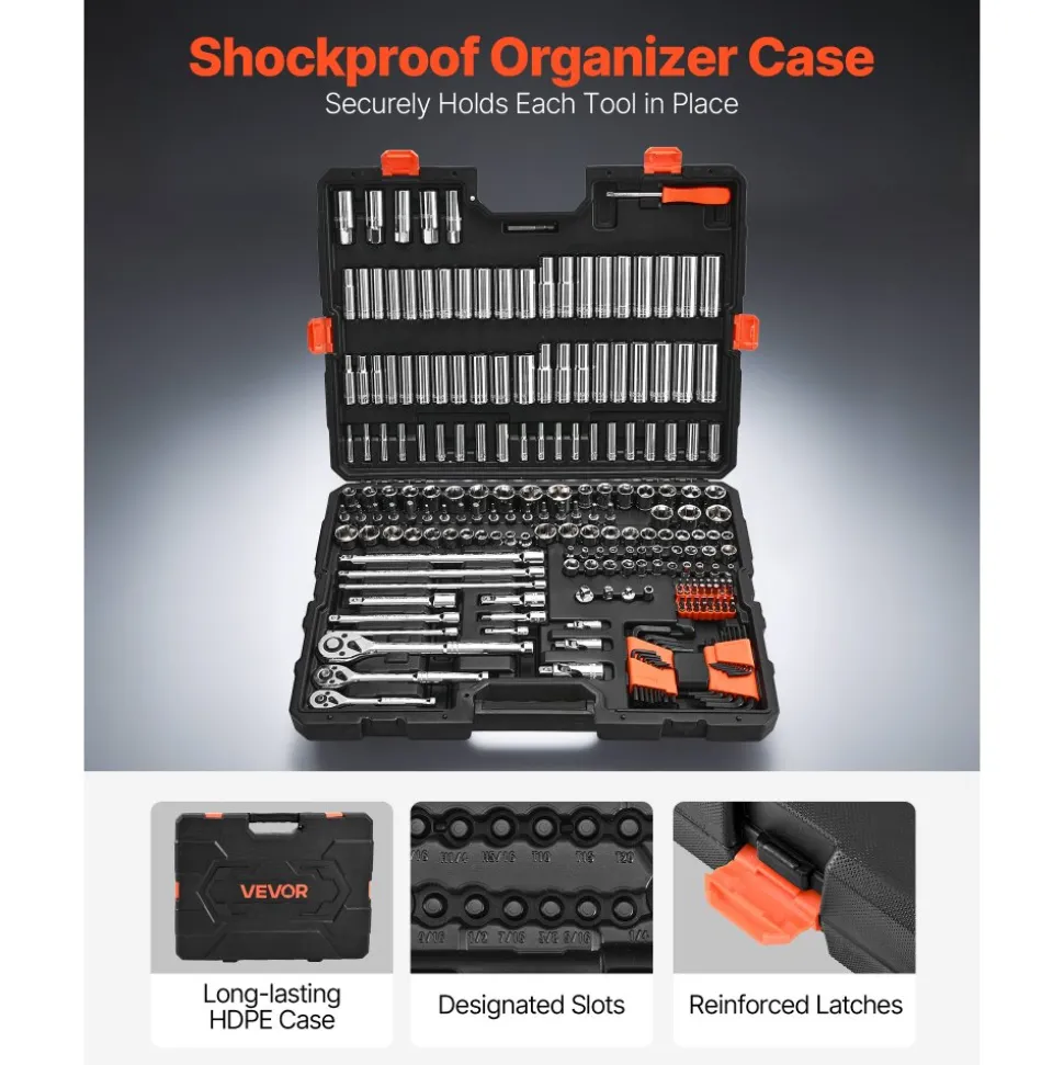 VEVOR Socket Set, 225 Pieces, 3/8 & 1/4 & 1/2 inch Drive Socket and Ratchet Set, SAE and Metric, Deep and Shallow, Mechanic Tool Kit with Bits, Accessories, Storage Case, CR-V Alloy Steel, for Repair