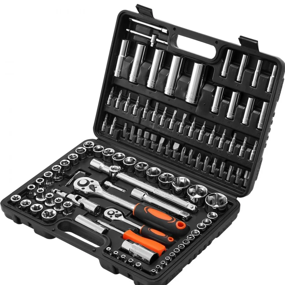 VEVOR Socket Set, 108 Pieces, 1/4 & 1/2 inch Drive Socket and Ratchet Set, Metric Size from 4 to 32 mm, Mechanic Tool Kit with Bits, Accessories, Storage Case, CR-V Alloy Steel, for Automotive Repair