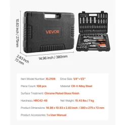 VEVOR Socket Set, 108 Pieces, 1/4 & 1/2 inch Drive Socket and Ratchet Set, Metric Size from 4 to 32 mm, Mechanic Tool Kit with Bits, Accessories, Storage Case, CR-V Alloy Steel, for Automotive Repair