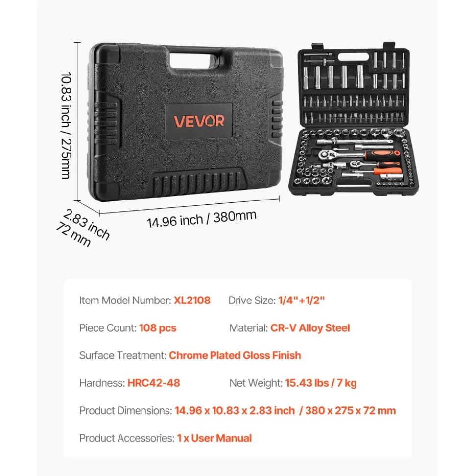 VEVOR Socket Set, 108 Pieces, 1/4 & 1/2 inch Drive Socket and Ratchet Set, Metric Size from 4 to 32 mm, Mechanic Tool Kit with Bits, Accessories, Storage Case, CR-V Alloy Steel, for Automotive Repair