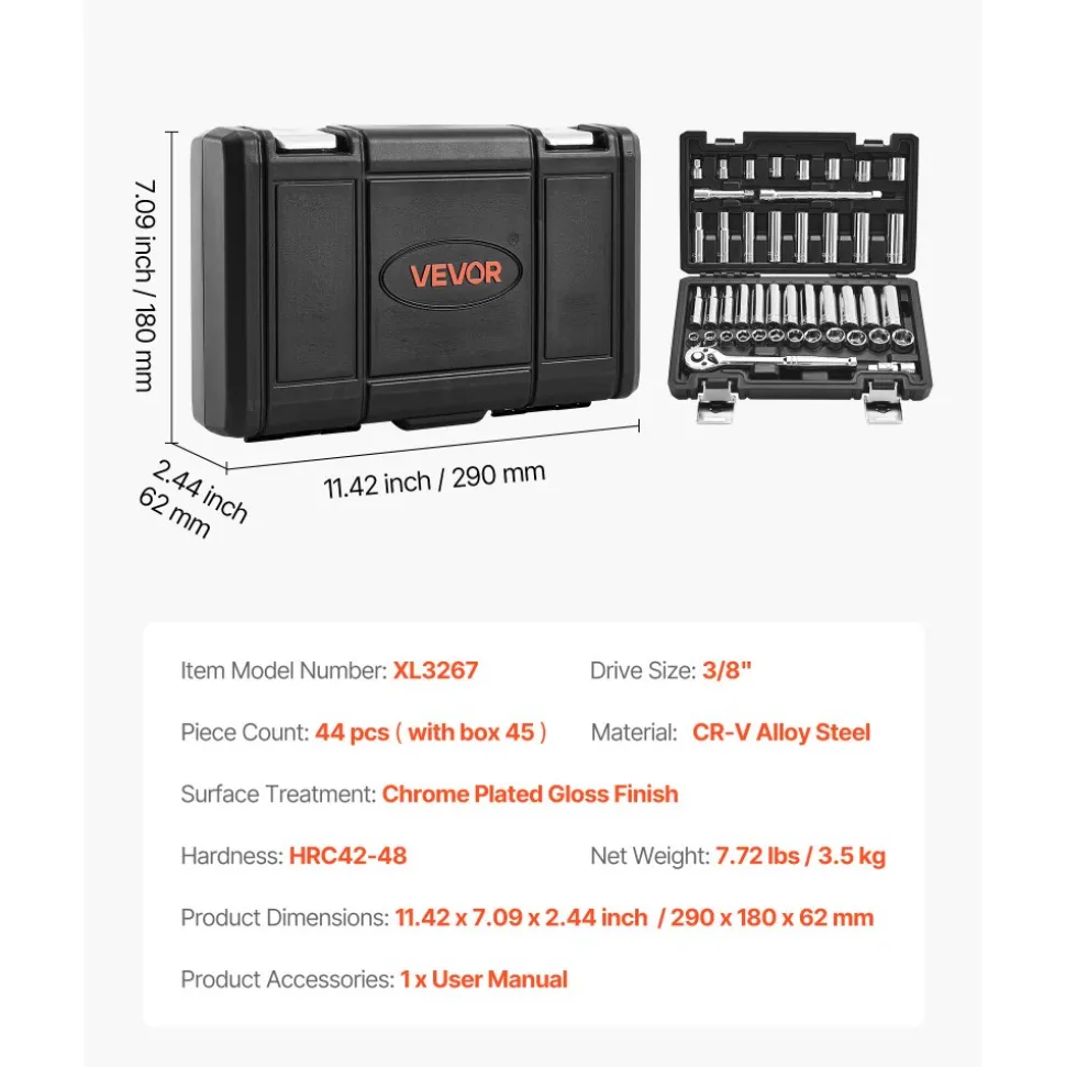 VEVOR Socket Set, 44 Pieces, 3/8 inch Drive Socket and Ratchet Set, SAE and Metric, Deep and Shallow, Mechanic Tool Kit with Accessories and Storage Case, CR-V Alloy Steel, for Automotive Repair