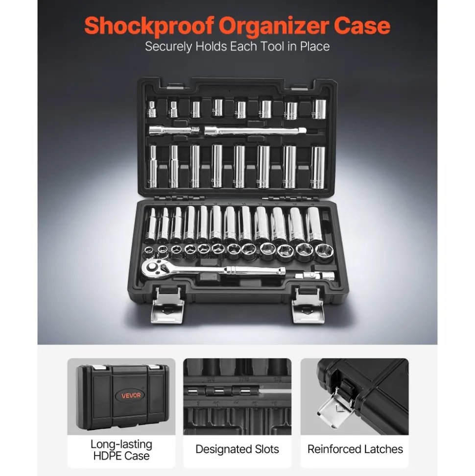 VEVOR Socket Set, 44 Pieces, 3/8 inch Drive Socket and Ratchet Set, SAE and Metric, Deep and Shallow, Mechanic Tool Kit with Accessories and Storage Case, CR-V Alloy Steel, for Automotive Repair