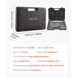 VEVOR Socket Set, 69 Pieces, 3/8 & 1/4 inch Drive Socket and Ratchet Set, SAE and Metric, Deep and Standard, Mechanic Tool Kit with Accessories and Storage Case, CR-V Alloy Steel, for Auto Repair