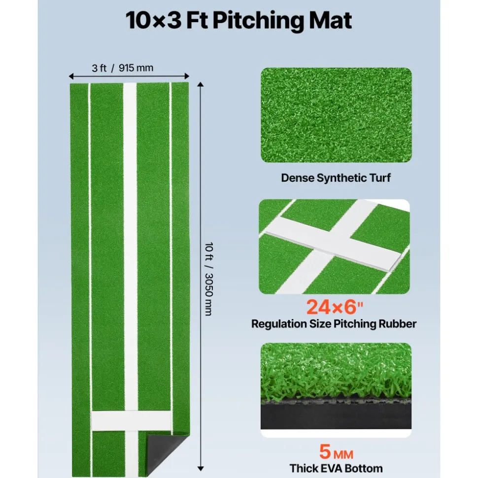VEVOR Softball Pitching Mat, 10x3 ft Baseball Pitching Rubber Mound, Antifade Turf and Antislip Foam Backing Portable Training Aid, Fastpitch Equipment for Pitchers Indoor Outdoor Practice, Green