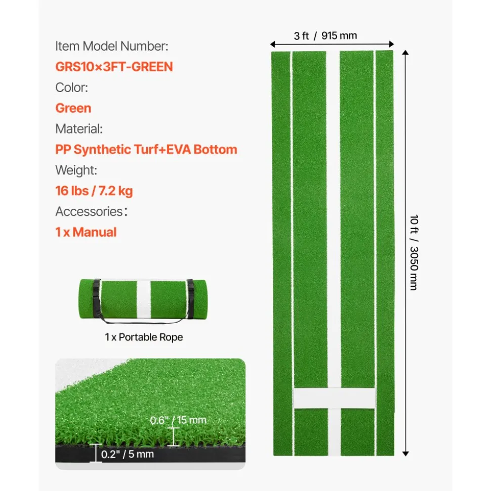 VEVOR Softball Pitching Mat, 10x3 ft Baseball Pitching Rubber Mound, Antifade Turf and Antislip Foam Backing Portable Training Aid, Fastpitch Equipment for Pitchers Indoor Outdoor Practice, Green