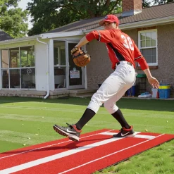 VEVOR Softball Pitching Mat, 10x3 ft Baseball Pitching Rubber Mound, Antifade Turf and Antislip Foam Backing Portable Training Aid, Fastpitch Equipment for Pitchers Indoor Outdoor Practice, Red
