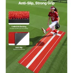 VEVOR Softball Pitching Mat, 10x3 ft Baseball Pitching Rubber Mound, Antifade Turf and Antislip Foam Backing Portable Training Aid, Fastpitch Equipment for Pitchers Indoor Outdoor Practice, Red