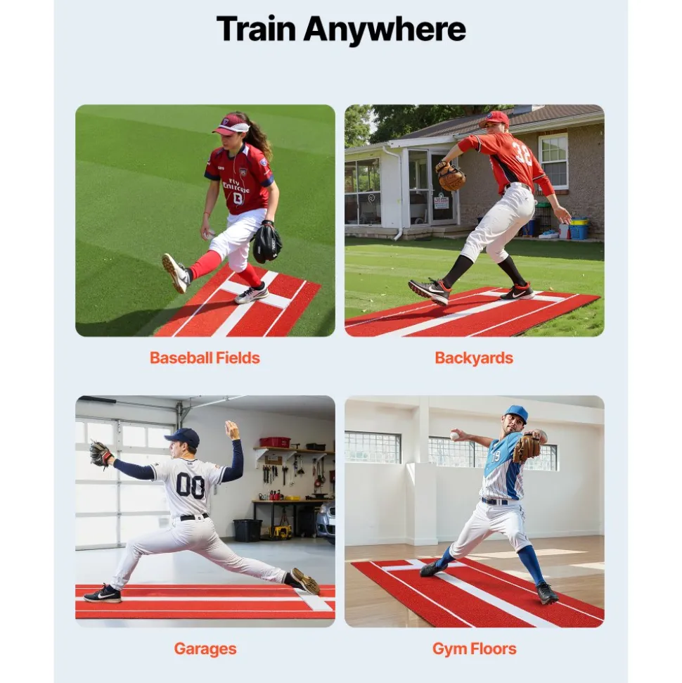 VEVOR Softball Pitching Mat, 10x3 ft Baseball Pitching Rubber Mound, Antifade Turf and Antislip Foam Backing Portable Training Aid, Fastpitch Equipment for Pitchers Indoor Outdoor Practice, Red