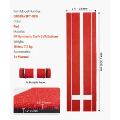 VEVOR Softball Pitching Mat, 10x3 ft Baseball Pitching Rubber Mound, Antifade Turf and Antislip Foam Backing Portable Training Aid, Fastpitch Equipment for Pitchers Indoor Outdoor Practice, Red