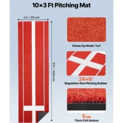 VEVOR Softball Pitching Mat, 10x3 ft Baseball Pitching Rubber Mound, Antifade Turf and Antislip Foam Backing Portable Training Aid, Fastpitch Equipment for Pitchers Indoor Outdoor Practice, Red
