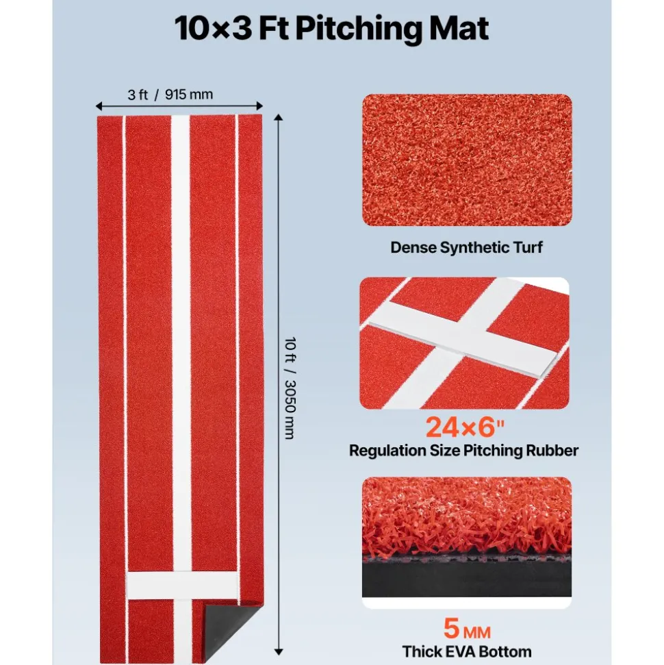 VEVOR Softball Pitching Mat, 10x3 ft Baseball Pitching Rubber Mound, Antifade Turf and Antislip Foam Backing Portable Training Aid, Fastpitch Equipment for Pitchers Indoor Outdoor Practice, Red
