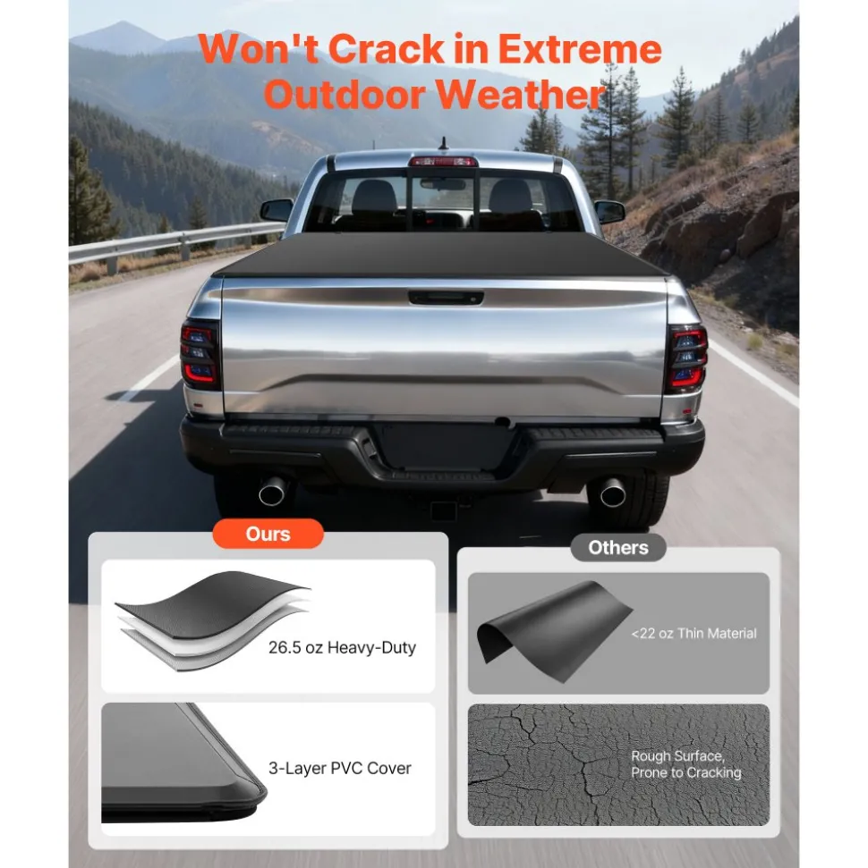 VEVOR Soft Quad-Fold Truck Bed Tonneau Cover, Compatible with 2019-2026 Dodge Ram 1500 (Incl. Classic & New) 6.4 ft (76 in) Bed Without Rambox, Split Tailgate, Waterproof Folding Truck Tonneau Cover