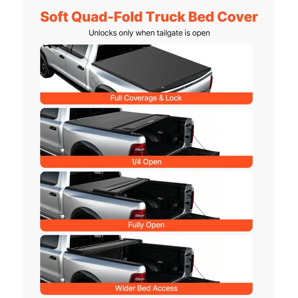 VEVOR Soft Quad-Fold Truck Bed Tonneau Cover, Compatible with 2019-2026 Dodge Ram 1500 (Incl. Classic & New) 6.4 ft (76 in) Bed Without Rambox, Split Tailgate, Waterproof Folding Truck Tonneau Cover