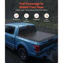 VEVOR Soft Roll-Up Truck Bed Tonneau Cover, Compatible with 2015-2026 Ford F-150, Fits 5.6 ft (5 ft 7 in/67 in) Bed, Triple-Layer Heavy-Duty PVC Tonneau Cover with Three Aluminum Alloy Support Bars
