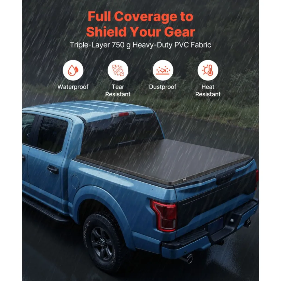 VEVOR Soft Roll-Up Truck Bed Tonneau Cover, Compatible with 2015-2026 Ford F-150, Fits 5.6 ft (5 ft 7 in/67 in) Bed, Triple-Layer Heavy-Duty PVC Tonneau Cover with Three Aluminum Alloy Support Bars