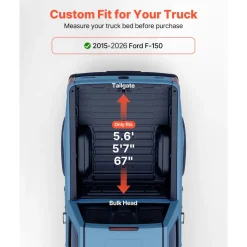 VEVOR Soft Roll-Up Truck Bed Tonneau Cover, Compatible with 2015-2026 Ford F-150, Fits 5.6 ft (5 ft 7 in/67 in) Bed, Triple-Layer Heavy-Duty PVC Tonneau Cover with Three Aluminum Alloy Support Bars